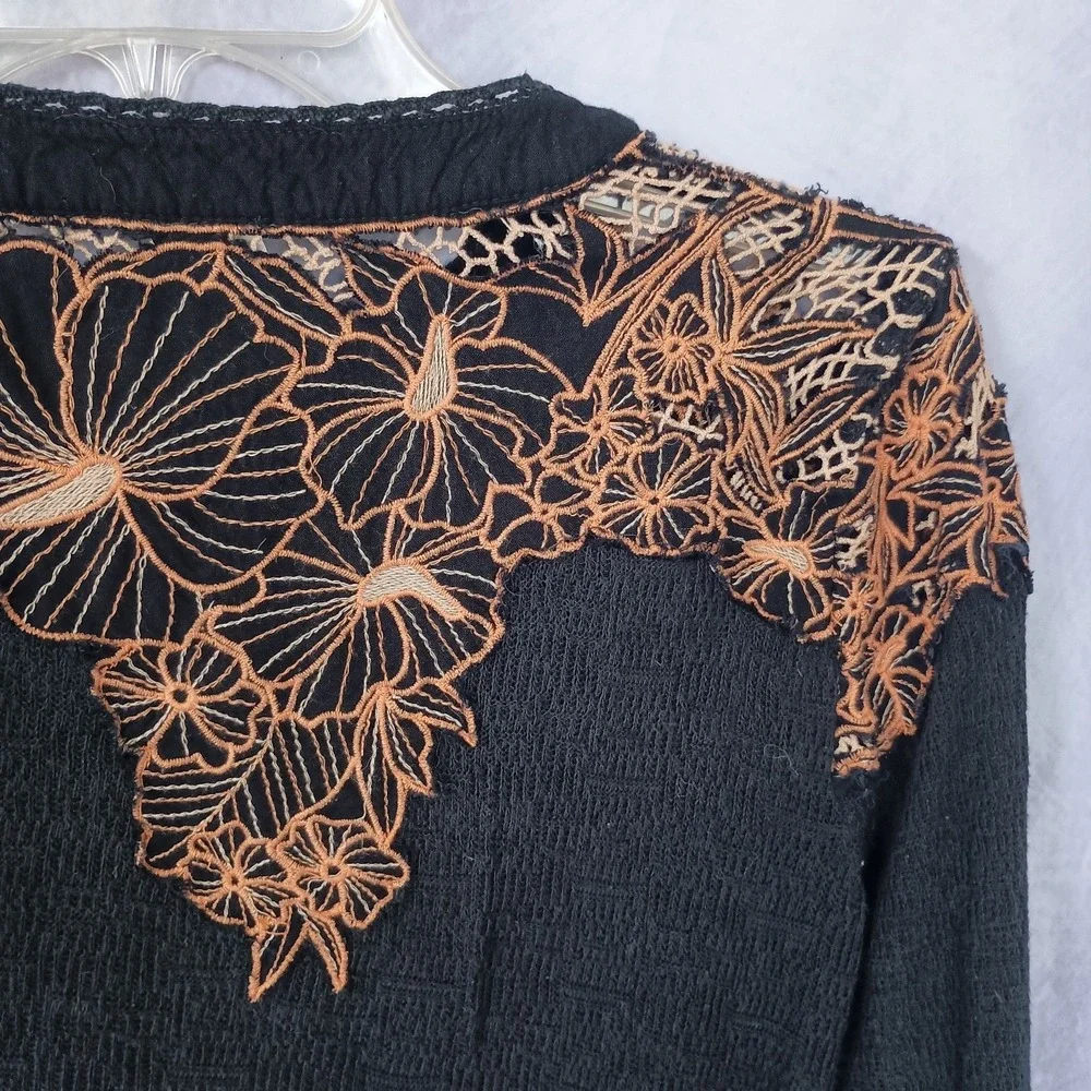 Free People Floral Lace Thermal Top Black Long Sleeve Boho Henley